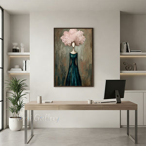 Handmade Abstract Teal Dress Woman with Pink Cloud Hair Canvas Art #TC022