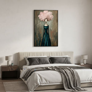 Handmade Abstract Teal Dress Woman with Pink Cloud Hair Canvas Art #TC022