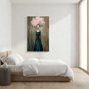 Handmade Abstract Teal Dress Woman with Pink Cloud Hair Canvas Art #TC022