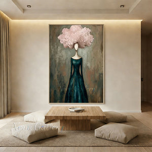 Handmade modern surreal abstract oil painting portraying a faceless female silhouette wearing a deep teal gown, crowned with a massive, voluminous 3D textured pink cloud-like floral hair against a distressed grey and brown background.