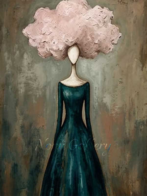 Handmade modern surreal abstract oil painting portraying a faceless female silhouette wearing a deep teal gown, crowned with a massive, voluminous 3D textured pink cloud-like floral hair against a distressed grey and brown background.