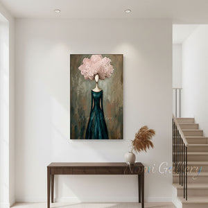 Handmade Abstract Teal Dress Woman with Pink Cloud Hair Canvas Art #TC022