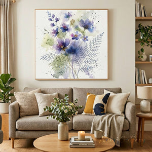 Premium handmade abstract oil painting depicting ethereal purple wildflowers and sage green fern foliage on a soft white background.