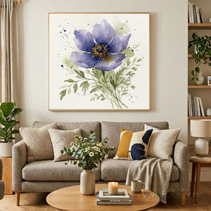 Premium handmade abstract oil painting featuring a vibrant purple anemone blossom surrounded by sage green botanical leaves on a soft cream background.