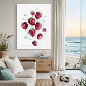 A 100% handmade abstract raspberry oil painting featuring a vertical cluster of ripe pink raspberries surrounded by floating aqua blue bubbles on a white canvas background.