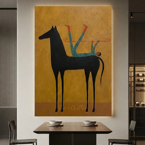 Handcrafted Americana folk art oil painting featuring a striking black silhouette and warm brown tones hanging in a modern living room