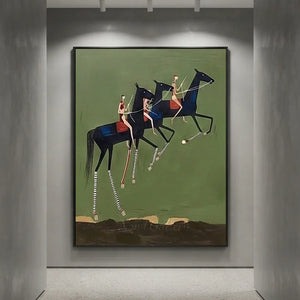 Handcrafted Americana folk art oil painting featuring striking black horse riders and serene green tones hanging in a modern living room