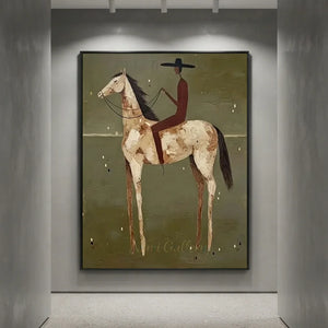 Handcrafted Americana folk art oil painting featuring a striking rider on a horse against serene green tones hanging in a modern living room