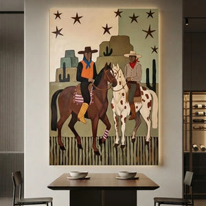 Handcrafted Americana folk art oil painting featuring striking cowboys and horses under a starry sky hanging in a modern living room