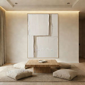 Handmade Abstract Minimalist White and Beige Textured Relief Canvas Art #TC024