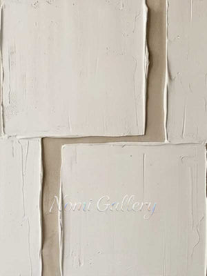 Handmade modern minimalist abstract oil painting exhibiting large, thick, heavy-textured 3D relief blocks of crisp white paint, separated by negative space lines revealing a warm beige and taupe linen background.