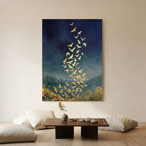 Handmade Abstract Gold Leaf Flying Birds Navy Blue Canvas Art #TC026