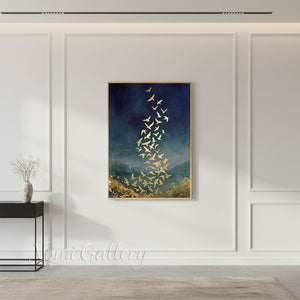 Handmade Abstract Gold Leaf Flying Birds Navy Blue Canvas Art #TC026