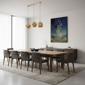 Handmade Abstract Gold Leaf Flying Birds Navy Blue Canvas Art #TC026
