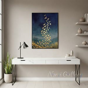 Handmade Abstract Gold Leaf Flying Birds Navy Blue Canvas Art #TC026