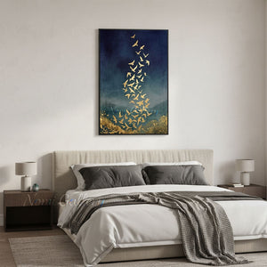 Handmade Abstract Gold Leaf Flying Birds Navy Blue Canvas Art #TC026