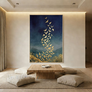 Handmade Abstract Gold Leaf Flying Birds Navy Blue Canvas Art #TC026
