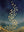 Handmade modern romantic abstract oil painting showcasing a magnificent flock of birds glinting in textured metallic gold leaf, spiraling upward in an elegant curve against a dark navy blue and moody teal sky backdrop.