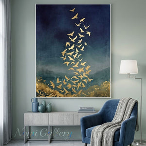 Handmade Abstract Gold Leaf Flying Birds Navy Blue Canvas Art #TC026