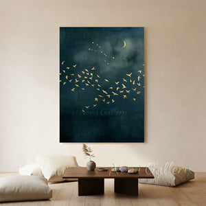 Handmade Abstract Gold Leaf Night Sky Birds Canvas Art #TC027