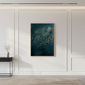 Handmade Abstract Gold Leaf Night Sky Birds Canvas Art #TC027