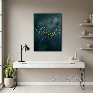Handmade Abstract Gold Leaf Night Sky Birds Canvas Art #TC027