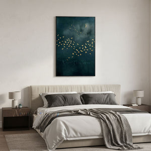 Handmade Abstract Gold Leaf Night Sky Birds Canvas Art #TC027