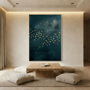 Handmade Abstract Gold Leaf Night Sky Birds Canvas Art #TC027