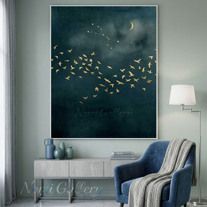 Handmade Abstract Gold Leaf Night Sky Birds Canvas Art #TC027