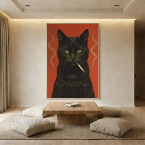 Modern Pop Art Smoking Black Cat Canvas Oil Painting #SS263