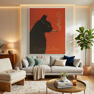 A 100% handmade modern pop art oil painting showing the silhouette of a black cat with green eyes in profile, smoking a cigarette with a wisp of smoke, set against a solid, vibrant red background.