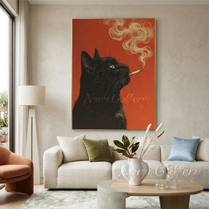 Pop Art Red Canvas Painting - Smoking Cat #SS262