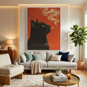 Pop Art Red Canvas Painting - Smoking Cat #SS262