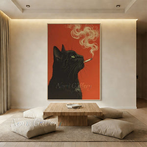A 100% handmade modern pop art oil painting showing the silhouette of a black cat with green eyes looking upwards, smoking a cigarette with a curling wisp of smoke, set against a solid, vibrant red background.