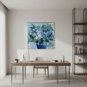 Handmade Impressionist Blue Hydrangea Floral Impasto Canvas Art #TC042