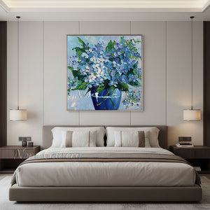 Handmade Impressionist Blue Hydrangea Floral Impasto Canvas Art #TC042