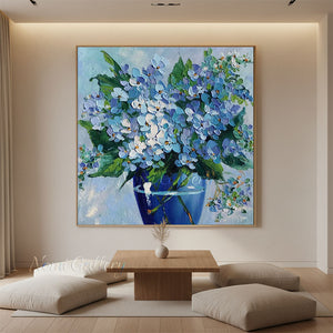 Handmade Impressionist Blue Hydrangea Floral Impasto Canvas Art #TC042