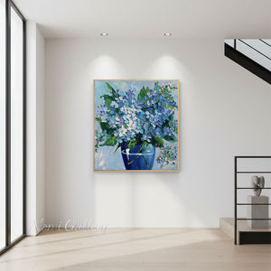 Handmade Impressionist Blue Hydrangea Floral Impasto Canvas Art #TC042
