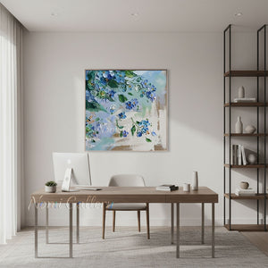 Handmade Abstract Blue Floral Blossom Impasto Canvas Wall Art #TC043