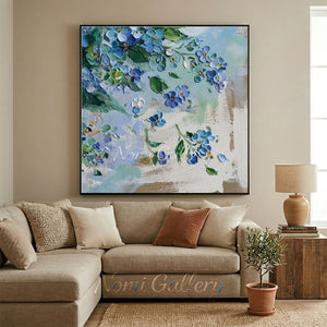 Handmade Abstract Blue Floral Blossom Impasto Canvas Wall Art #TC043
