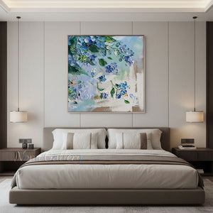 Handmade Abstract Blue Floral Blossom Impasto Canvas Wall Art #TC043