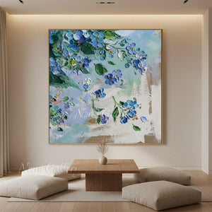 Handmade Abstract Blue Floral Blossom Impasto Canvas Wall Art #TC043