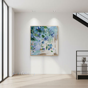 Handmade Abstract Blue Floral Blossom Impasto Canvas Wall Art #TC043