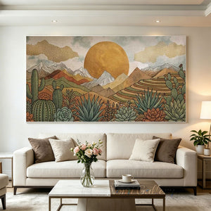 100% handmade boho desert landscape oil painting featuring a golden sun, mountains, and succulent cactus plants in warm earth tones, displayed in a modern living room setting.