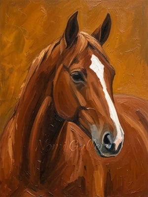 Handmade modern abstract expressionist oil painting showcasing a side profile portrait of a noble brown chestnut horse with a prominent white stripe blaze on its face, painted with heavy 3D impasto textures against a warm textured terracotta background.