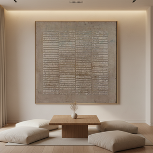 Hand-painted brown abstract oil painting featuring repetitive horizontal relief textures, styled in a minimalist boho living room above a wooden console table.