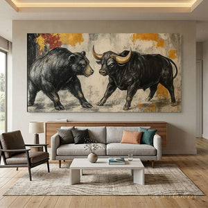 100% handmade bull and bear oil painting featuring powerful animal symbolism in dark tones with gold accents, displayed in a modern executive office setting.