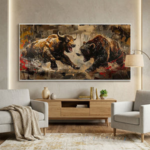 100% handmade bull and bear oil painting featuring a dynamic financial animal clash in neutral earth tones with red and gold accents, displayed in a modern executive office setting.