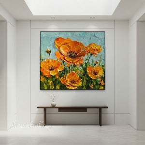 Handmade Impressionist Orange California Poppy Impasto Canvas Art #TC044