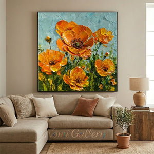 Handmade Impressionist Orange California Poppy Impasto Canvas Art #TC044